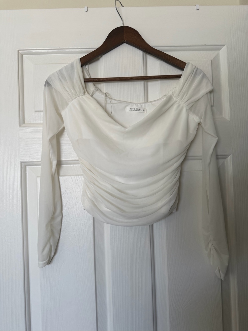 12th Tribe White Long Sleeve Ruched Off-Shoulder Top